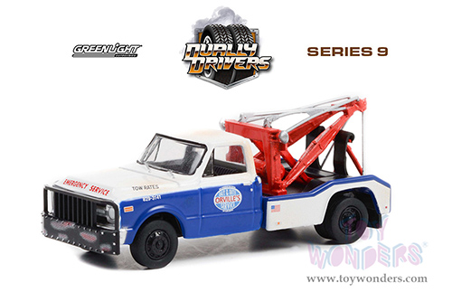 Greenlight - Dually Drivers Series 9 | Chevrolet&reg; C-30 Dually Wrecker Tow Truck (Weathered) "Orville's Day & Nite Service" (1969, 1/64 scale diecast model car, White/Blue) 46090B/48