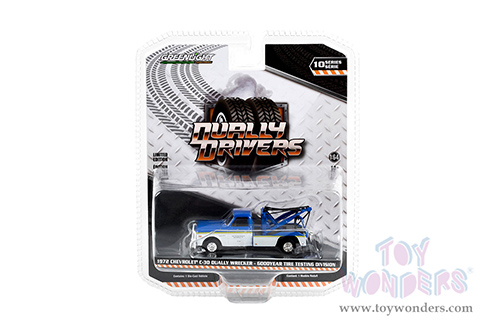 Greenlight - Dually Drivers Series 10 | Chevrolet® C-30 Dually Wrecker Truck - Goodyear Tire Testing Division (1972, 1/64 scale diecast model car, White and Blue with Yellow Stripes) 46100B/48