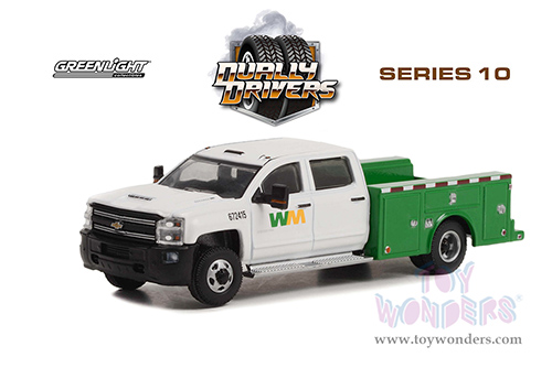 Greenlight - Dually Drivers Series 10 | Chevrolet® Silverado 3500HD Dually Service Truck - Waste Management (2018, 1/64 scale diecast model car, White and Green) 46100C/48