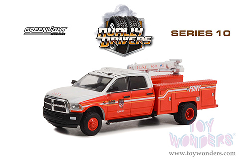 Greenlight - Dually Drivers Series 10 | Ram 3500 Dually Crane Truck - FDNY (Fire Department of the City of New York) Plant Ops (2018, 1/64 scale diecast model car, Red and White with Stripes) 46100D/48