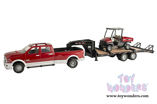 Tomy ERTL Big Farm - Case IH Ram 3500 Pickup Truck in Red with Gooseneck Trailer and Scout XL Diesel UTV (1/16 scale sturdy plastic model car, Red) 46456