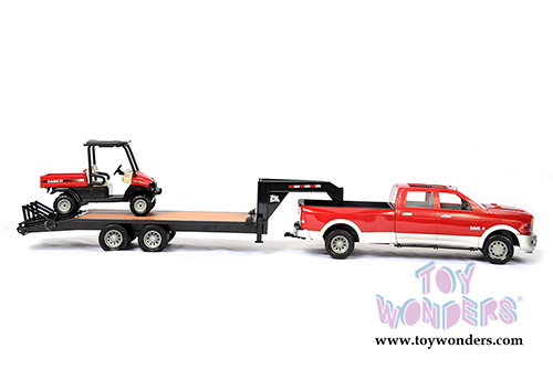 Tomy ERTL Big Farm - Case IH Ram 3500 Pickup Truck in Red with Gooseneck Trailer and Scout XL Diesel UTV (1/16 scale sturdy plastic model car, Red) 46456