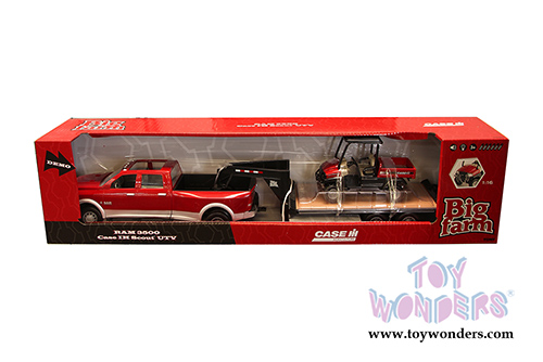 Tomy ERTL Big Farm - Case IH Ram 3500 Pickup Truck in Red with Gooseneck Trailer and Scout XL Diesel UTV (1/16 scale sturdy plastic model car, Red) 46456