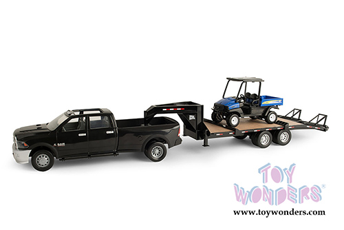 Tomy ERTL Big Farm - New Holland Ram 3500 Pickup Truck with Gooseneck Trailer and Rustler 125 UTV  (1/16 scale sturdy plastic model car, Black and Blue) 46457