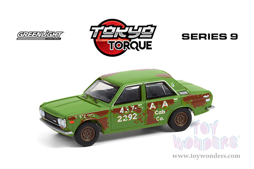 Greenlight - Tokyo Torque Series 9 | Datsun 510 4-Door Sedan - A&A Cab Co. (1970, 1/64 scale diecast model car, Green with Rust) 47070B/48