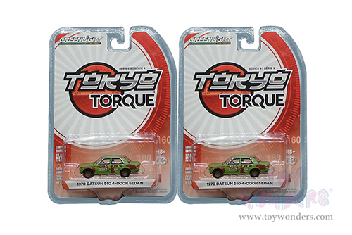 Greenlight - Tokyo Torque Series 9 | Datsun 510 4-Door Sedan - A&A Cab Co. (1970, 1/64 scale diecast model car, Green with Rust) 47070B/48