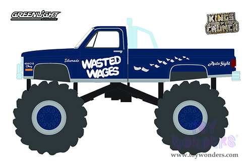 Greenlight - Kings of Crunch Series 10 | Chevrolet&reg; Silverado Monster Truck - Wasted Wages (1987, 1/64 scale diecast model car, Blue) 49100D/48