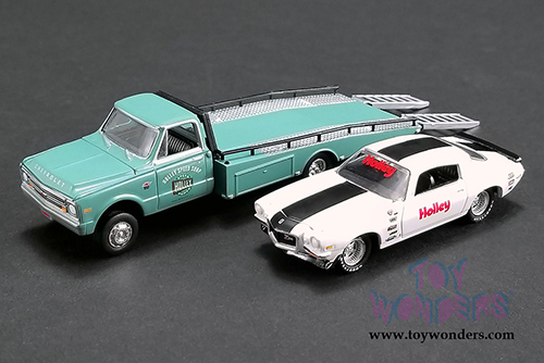 Greenlight/ACME - Holley Speed Shop | 1967 Chevrolet&reg; Ramp Truck with 1971 Chevrolet&reg; Camaro&reg; Z/28 (1/64 scale diecast model car, Turquoise/White) 51247