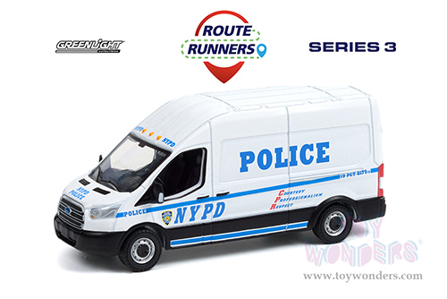 Greenlight - Route Runners Series 3 | Ford Transit LWB High Roof Van "NYPD" (New York City Police Department) (2015, 1/64 scale diecast model car, White) 53030A/48