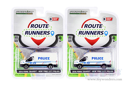 Greenlight - Route Runners Series 3 | Ford Transit LWB High Roof Van "NYPD" (New York City Police Department) (2015, 1/64 scale diecast model car, White) 53030A/48