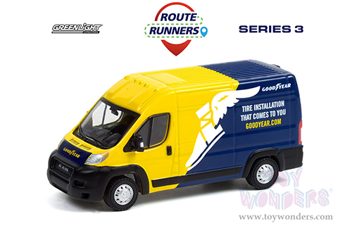 Greenlight - Route Runners Series 3 | Ram ProMaster 2500 Cargo High Roof Van "Goodyear" 'Tire Installation That Comes To You' (2019, 1/64 scale diecast model car, Yellow/Blue) 53030E/48