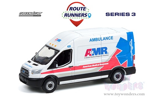 Greenlight - Route Runners Series 3 | Ford Transit LWB High Roof Van Ford Transit LWB High Roof Van Ambulance "AMR" (American Medical Response) (2019, 1/64 scale diecast model car, White) 53030F/48