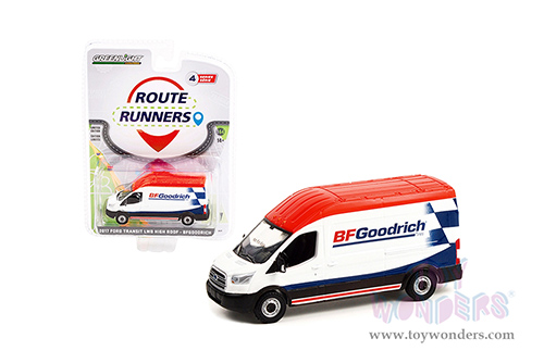 Greenlight - Route Runners Series 4 | Ford Transit LWB High Roof Van "BFGoodrich" (2017, 1/64 scale diecast model car, White/Blue/Red top) 53040B/48