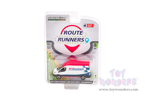 Greenlight - Route Runners Series 4 | Ford Transit LWB High Roof Van "BFGoodrich" (2017, 1/64 scale diecast model car, White/Blue/Red top) 53040B/48