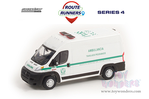 Greenlight - Route Runners Series 4 | Dodge Ram ProMaster Van "Instituto Mexicano Del Seguro Social Ambulancia" Ensenada (Mexico) (2018, 1/64 scale diecast model car, White/Green stripes) 53040C/48