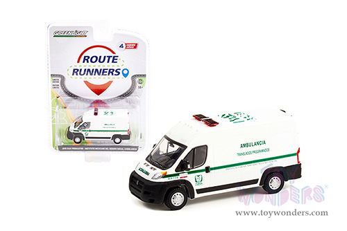 Greenlight - Route Runners Series 4 | Dodge Ram ProMaster Van "Instituto Mexicano Del Seguro Social Ambulancia" Ensenada (Mexico) (2018, 1/64 scale diecast model car, White/Green stripes) 53040C/48