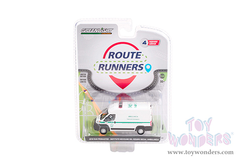 Greenlight - Route Runners Series 4 | Dodge Ram ProMaster Van "Instituto Mexicano Del Seguro Social Ambulancia" Ensenada (Mexico) (2018, 1/64 scale diecast model car, White/Green stripes) 53040C/48