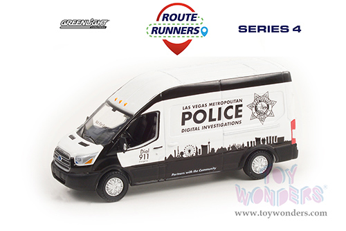 Greenlight - Route Runners Series 4 | Ford Transit LWB High Roof Van with Graphics "Las Vegas Metropolitan Police Digital Investigations" (Nevada) (2019, 1/64 scale diecast model car, White/Black) 53040E/48