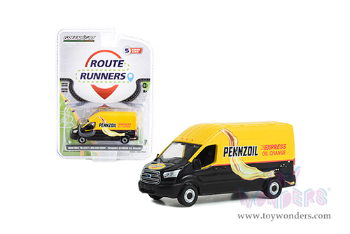 Greenlight - Route Runners Series 5 | Ford Transit LWB High Roof Van "Pennzoil Express Oil Change" (2019, 1/64 scale diecast model car, Yellow and Black) 53050C/48