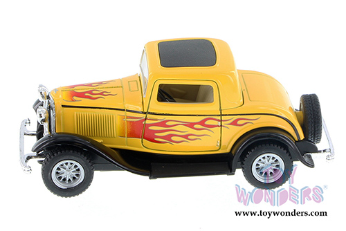 5332DF Kinsmart 1932 Ford 3-Window Yellow Coupe with Flames Diecast Model Car