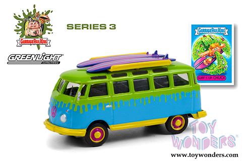 Greenlight - Garbage Pail Kids&reg; Series 3 | Volkswagen Samba Bus with Surfboards "Surf's Up Chuck" (1964, 1/64 scale diecast model car, Green/Blue) 54050B/48