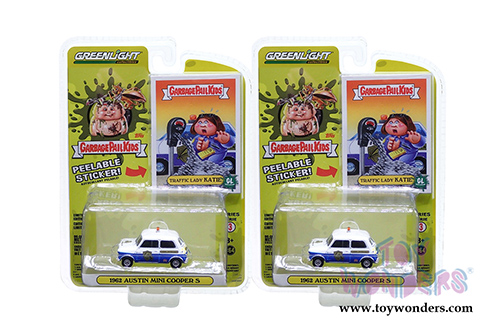 Greenlight - Garbage Pail Kids® Series 3 | Austin Mini Cooper S Parking Enforcement "Traffic Lady Katie" (1962, 1/64 scale diecast model car, White/Blue) 54050F/48