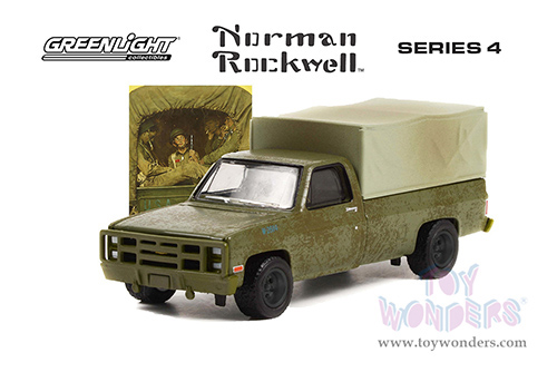 Greenlight - Norman Rockwell™ Series 4 | Chevrolet® M1008 Pickup Truck with Cargo Cover (Weathered) (1984, 1/64 scale die cast model car, Green) 54060F/48