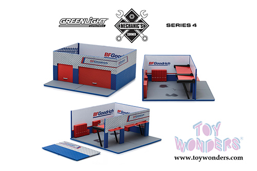 Greenlight Diorama - Mechanic's Corner | Weekend Workshop BFGoodrich Tires (1/64 scale diecast/plastic model, Orange/Blue) 57043