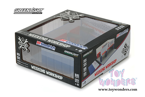 Greenlight Diorama - Mechanic's Corner | Weekend Workshop BFGoodrich Tires (1/64 scale diecast/plastic model, Orange/Blue) 57043