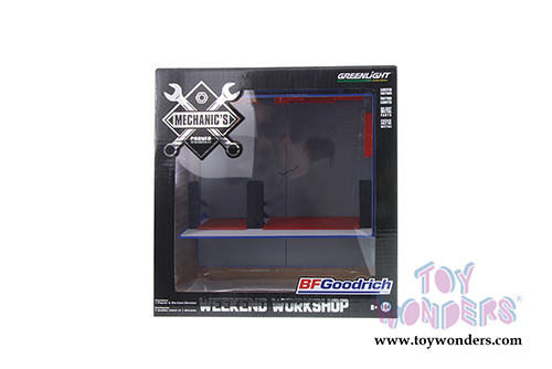 Greenlight Diorama - Mechanic's Corner | Weekend Workshop BFGoodrich Tires (1/64 scale diecast/plastic model, Orange/Blue) 57043