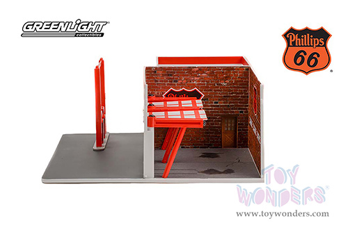 Greenlight Diorama - Mechanic's Corner Series 9 | Vintage Gas Station - Phillips 66 (1/64 scale diecast/plastic model, Red/White) 57092