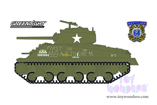 Greenlight - Battalion 64 Series 1 | M4 Sherman Tank "First in Bastogne" U.S. Army World War II (1941, 1/64 scale diecast model car, Green) 61010A/48