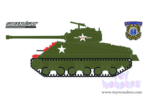 Greenlight - Battalion 64 Series 1 | M4 Sherman Tank "Rice's Red Devils" U.S. Army (Korean War) (1952, 1/64 scale diecast model car, Green with Graphics) 61010B/48