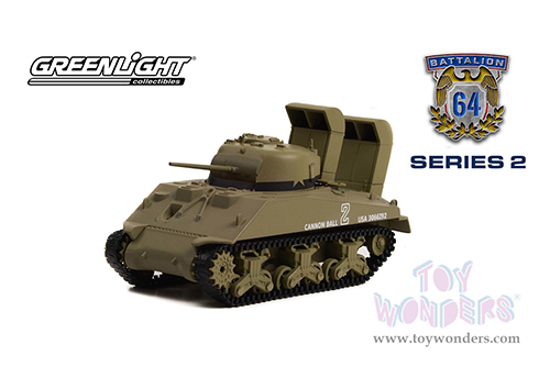 Greenlight - Battalion 64 Series 2 | M4 Sherman Tank with Deep Wading Gear - U.S. Army World War II - Cannon Ball - Utah Beach, Normandy (1944, 1/64 scale diecast model car, Green) 61020B/48