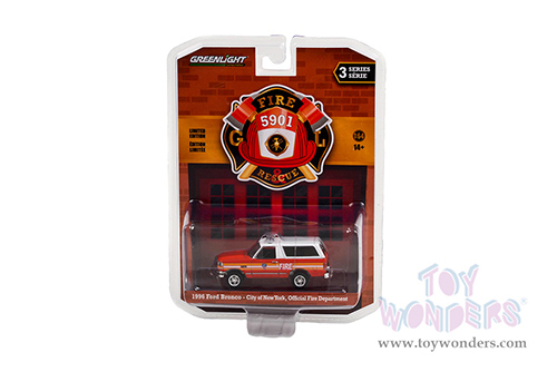 Greenlight - Fire & Rescue Series 3 | Ford Bronco "City of New York Official Fire Department" (New York) (1996, 1/64 scale diecast model car, Red and White with Stripes) 67030E/48