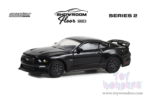 Greenlight - Showroom Floor Series 2 | Ford Mustang Mach 1 (2022, 1/64 scale diecast model car, Shadow Black with Red Stripes) 68020E/48
