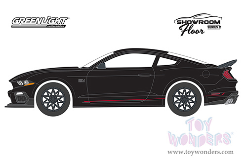 Greenlight - Showroom Floor Series 2 | Ford Mustang Mach 1 (2022, 1/64 scale diecast model car, Shadow Black with Red Stripes) 68020E/48