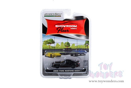 Greenlight - Showroom Floor Series 2 | Ford Mustang Mach 1 (2022, 1/64 scale diecast model car, Shadow Black with Red Stripes) 68020E/48