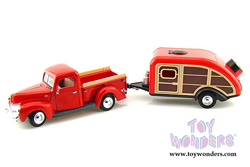 Motormax Premium American - Ford Pickup Truck w/ Teardrop Trailer (1940, 1/24 scale diecast model car, Red) 73234/083