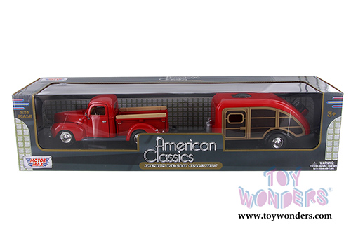 Motormax Premium American - Ford Pickup Truck w/ Teardrop Trailer (1940, 1/24 scale diecast model car, Red) 73234/083