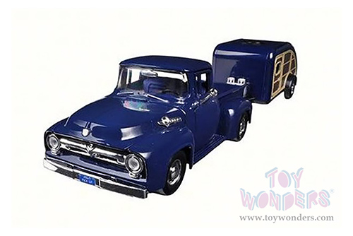 Motormax Premium American - Ford F-100 Pickup Truck w/ Teardrop Trailer (1956, 1/24 scale diecast model car, Blue) 73235/083