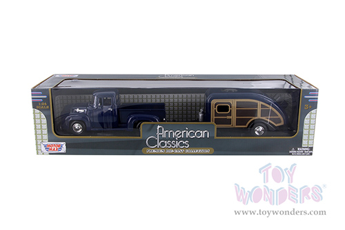 Motormax Premium American - Ford F-100 Pickup Truck w/ Teardrop Trailer (1956, 1/24 scale diecast model car, Blue) 73235/083