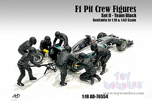 American Diorama Figurines - Formula One F1 Pit Crew Team Black Set II - Set of 7 Figures and accessories (1/18 scale, Black) 76554