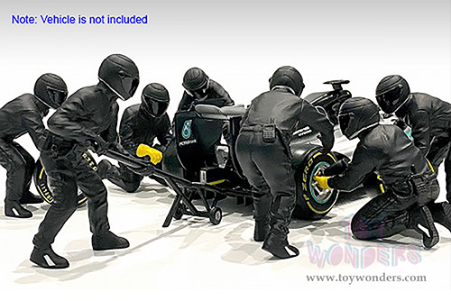 American Diorama Figurines - Formula One F1 Pit Crew Team Black Set II - Set of 7 Figures and accessories (1/18 scale, Black) 76554