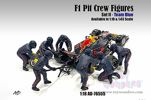 American Diorama Figurines - Formula One F1 Pit Crew Team Blue Set II - Set of 7 Figures and accessories (1/18 scale, Blue) 76555