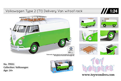 Motormax - Volkswagen Type 2 (T1) Delivery Van with Roof Rack (1/24 scale diecast model car, Green/White) 79551WTGRN