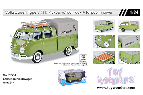 Motormax - Volkswagen Type 2 (T1) Delivery Van with Roof Rack and Tarpaulin Cover (1/24 scale diecast model car, Green) 79554GRN