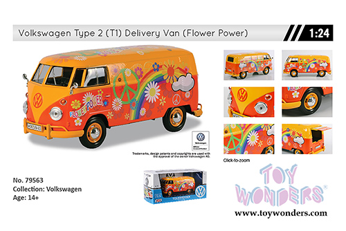 Motormax - Volkswagen Type 2 (T1) Delivery Van Flower Power (1/24 scale diecast model car, Orange) 79563OR