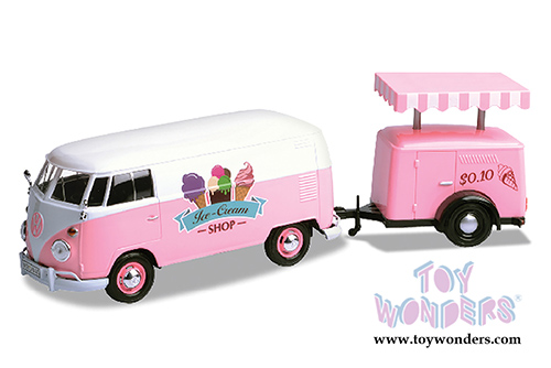 Motormax - Volkswagen Type 2 (T1) Delivery Van with Ice-Cream Trailer (1/24 scale diecast model car, Pink) 79672