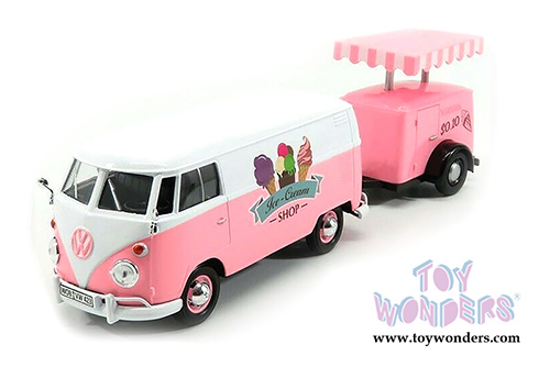 Motormax - Volkswagen Type 2 (T1) Delivery Van with Ice-Cream Trailer (1/24 scale diecast model car, Pink) 79672